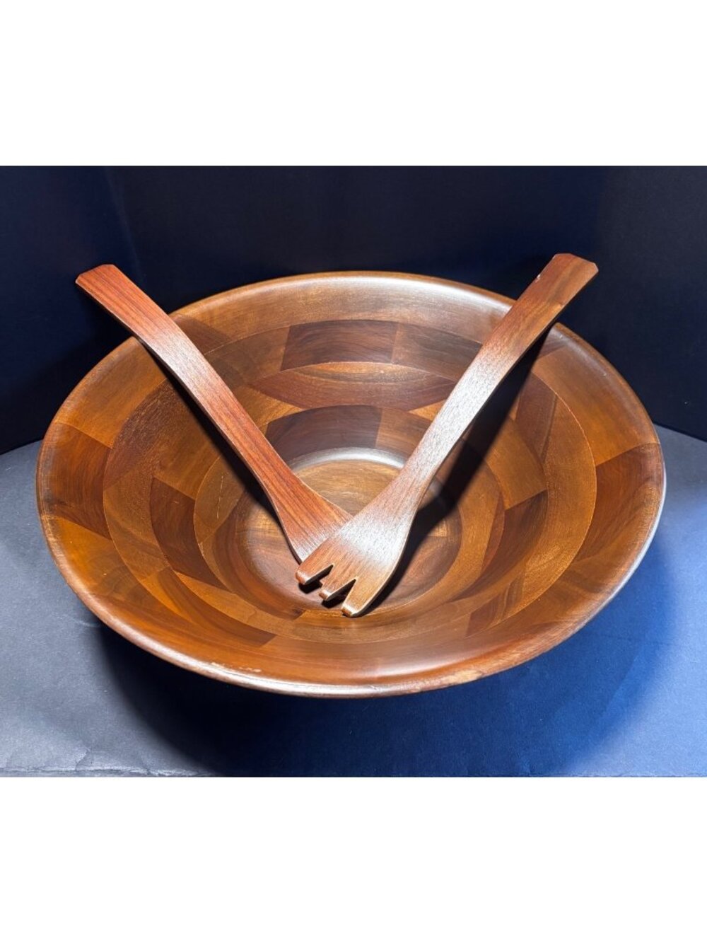 Vermillion Real Walnut Wood Serving Salad Bowl With Utensils Vintage MCM